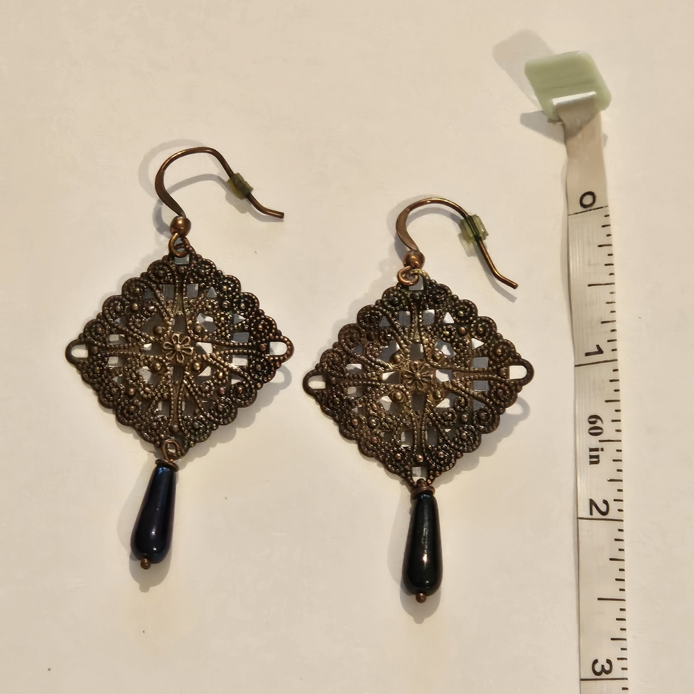 NEW Gold Blue Brass Ornamental Earrings Bohemian Victorian Vintage Whimsigoth - Picture 3 of 4
